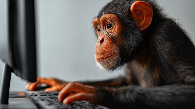 Chimpanzee sitting at a computer desk typing on a keyboard with a monitor in front, showcasing a curious expression and detailed fur texture