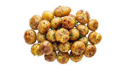 Golden roasted baby potatoes with herbs, isolated on transparent background