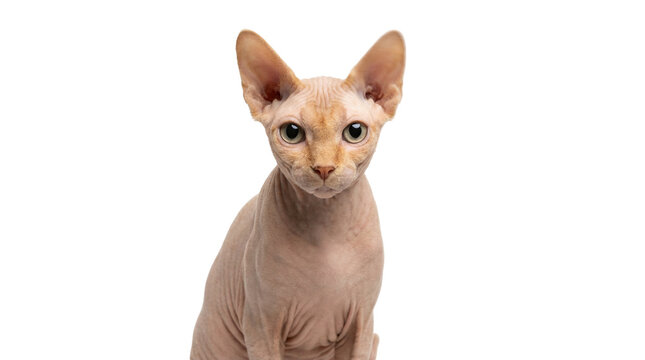 Peach colored Sphynx cat with large ears, isolated on transparent background