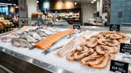 Obraz premium A clean market scene shows various types of fresh seafood on ice. Salmon, trout, and shrimp are neatly arranged with price signs. Customers browse the selection