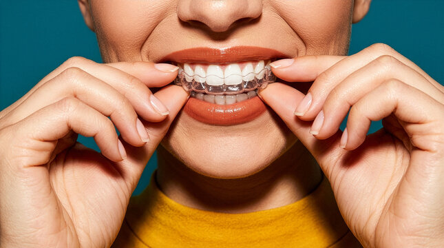Close up of smiling woman inserting clear dental aligners on upper teeth