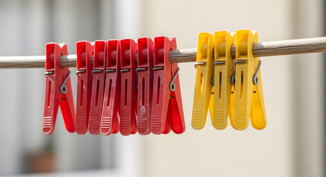 Colorful clothespins hanging on a metal rod, laundry clips in red and yellow. Generated AI