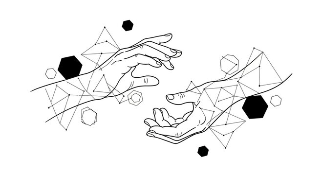 Geometric hands reaching out with shapes.