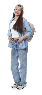 Teenage girl with backpack on white background