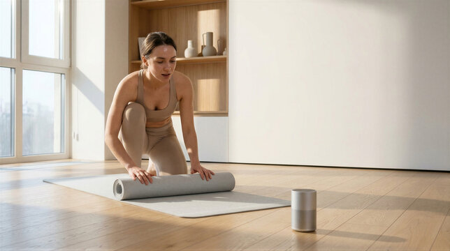 Woman unrolling yoga mat in modern home interior. Preparing for personal fitness routine. Wellness and mindfulness practice in contemporary living space