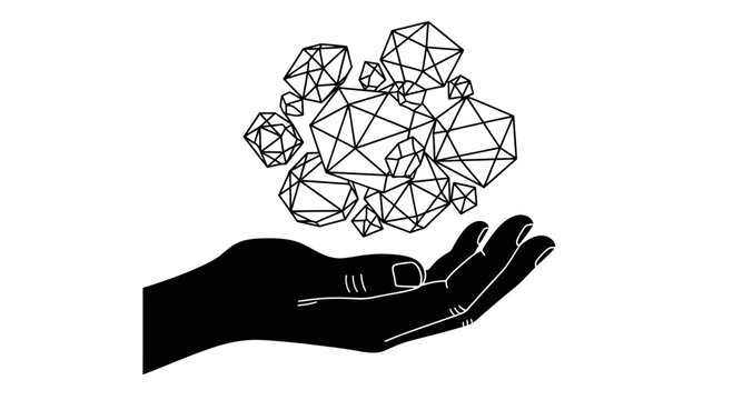 hand holding abstract geometric crystal structures.