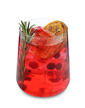 Tasty refreshing cocktail with berries, orange slice and rosemary in glass isolated on white