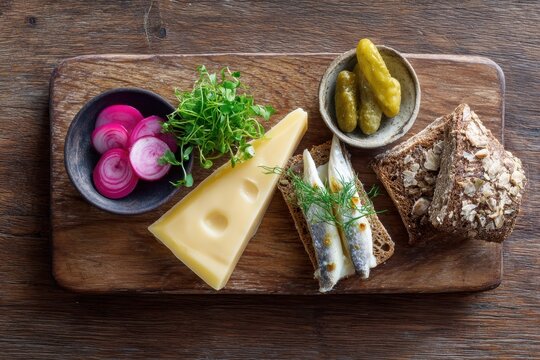A cheese board with a wedge of Esrom (Danish, with eyes), rye bread, and pickled herring, overhead shot, Nordic natural light