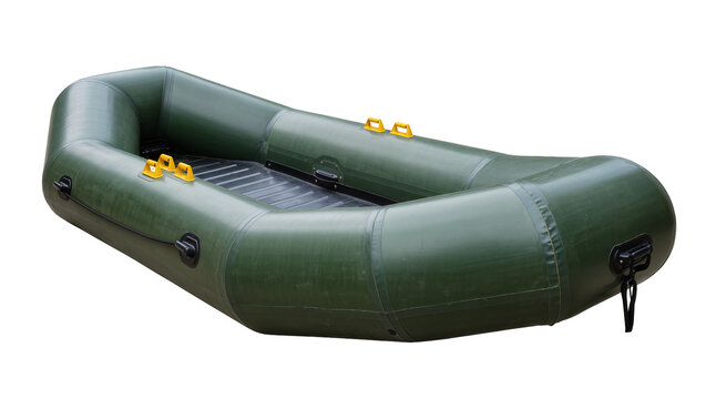 Inflatable green raft with yellow handles, isolated on transparent background