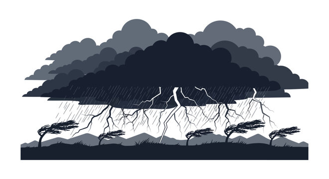 Dramatic storm clouds with lightning and bending trees a dark silhouette