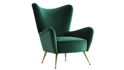 Fototapeta premium Elegant emerald green velvet armchair with gold tapered legs, isolated on transparent background