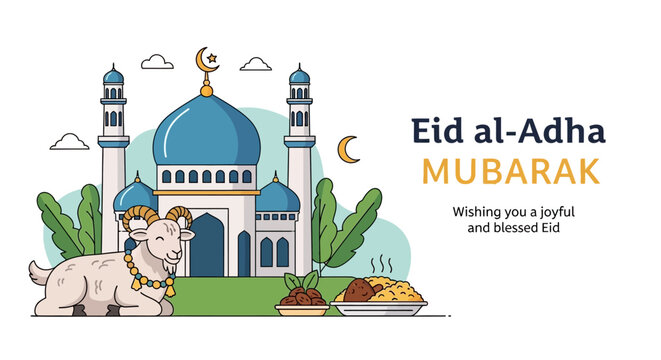 Joyful Eid al-Adha Mubarak celebration with a traditional mosque, sacred ram, and festive food, symbolizing blessings and community spirit