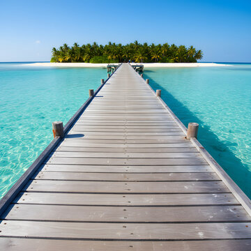 Wooden Pier Leading to a Tropical Island Paradise