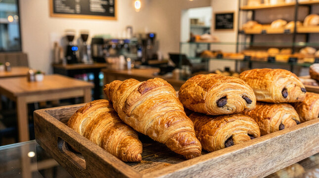 Fresh golden croissants and pain au chocolate pastries displayed in a rustic wooden tray on a bakery counter