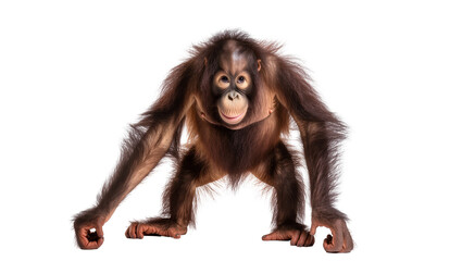 Young orangutan ape with long brown fur crouching low, isolated on transparent background © Laura