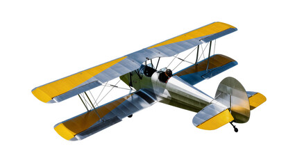 Silver and yellow biplane aircraft with dual wings, isolated on transparent background © Laura