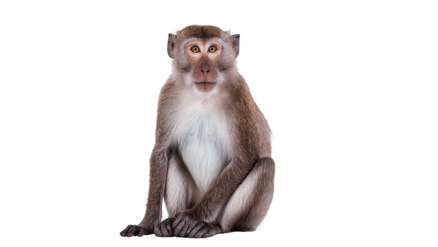Young monkey sitting with fur and light chest, isolated on transparent background
