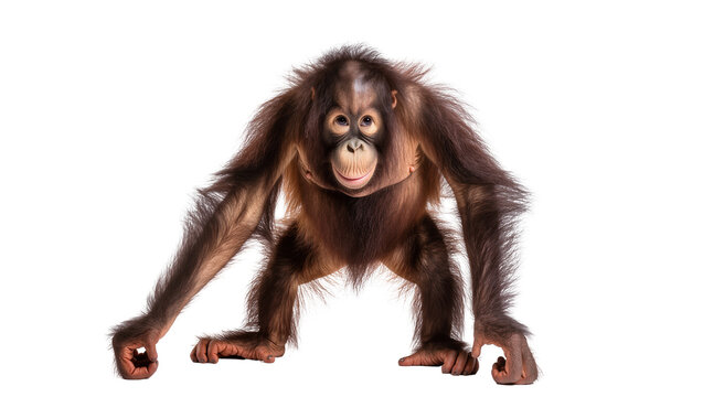 Young orangutan ape with long brown fur crouching low, isolated on transparent background