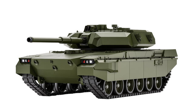 Modern olive green army tank with tracks and cannon, isolated on transparent background