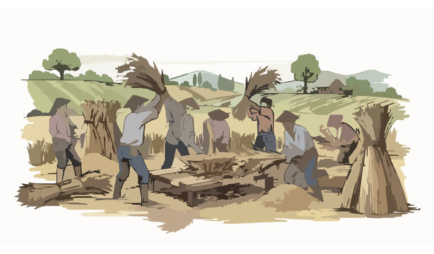 Hand-drawn farmers threshing rice vector