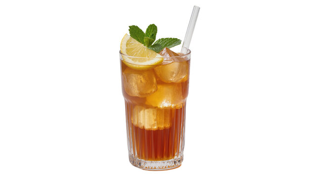 Tall glass of iced tea with lemon slice and mint, isolated on transparent background