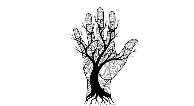 Black and white illustration of a hand with tree roots.