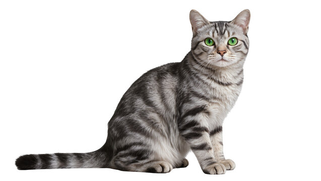 Silver tabby cat with bright green eyes sitting attentively, isolated on transparent background