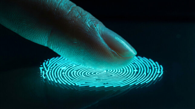 Finger touching glowing fingerprint pattern on dark surface. Biometric security scan with digital interface. Innovative authentication technology for identity verification and cyber protection.