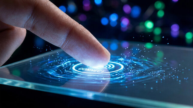 Mans finger touching virtual connect button on glowing holographic screen. Digital connectivity and networking interface activation. Futuristic technology concept for internet communication, data