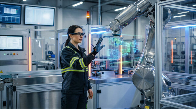 Woman engineer using augmented reality glasses to interact with holographic robot arm in factory. Industrial automation and manufacturing innovation. Future technology in production processes.