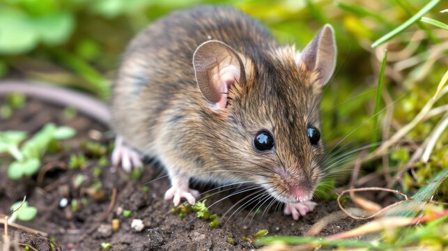 Close-up of a field mouse with big eyes, paws, fur, and long tail in a natural habitat