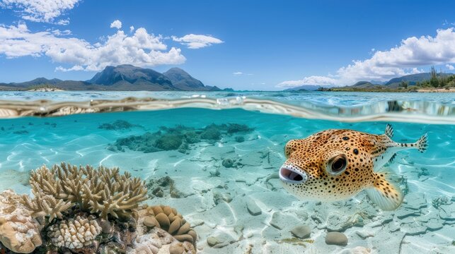 Split-level image showcasing a pufferfish in turquoise water with a tropical island backdrop