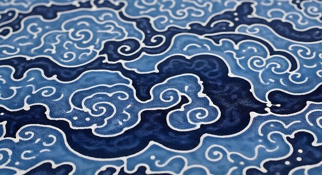 Blue and white cloud pattern on traditional indigo dyed fabric with intricate batik clouds