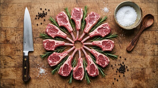 AI generated raw lamb chops for Eid al-Adha celebration on rustic wooden background