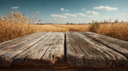 Obraz premium Rustic wooden table surface with blurred wheat field background. Empty old wood planks for product display in countryside. Golden harvest landscape with blue sky. Copy space