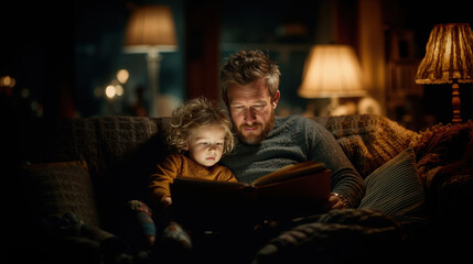 Naklejka premium Cozy evening reading: man and child sharing a story on the sofa lit by soft, warm lamp light