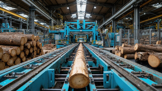 A tree log on an automated conveyor line inside a large sawmill. Industrial wood processing and lumber manufacturing plant with heavy machinery