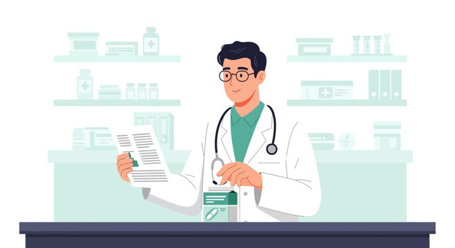 Pharmacist in white coat with stethoscope holding prescription and medicine box in pharmacy
