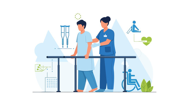 Physical therapist assisting patient with walking rehabilitation using parallel bars