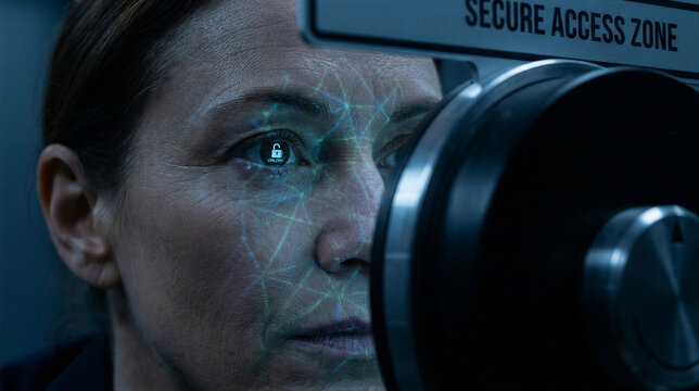 Womans eye scanned by digital facial recognition with lock symbol. Biometric security authentication for secure access zone. Future cyber technology and identity verification concept.