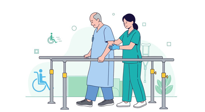 Physical therapy: elderly man walks with nurse support using parallel bars for rehabilitation