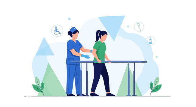 Physical therapy patient walking with assistance on parallel bars, rehabilitation concept