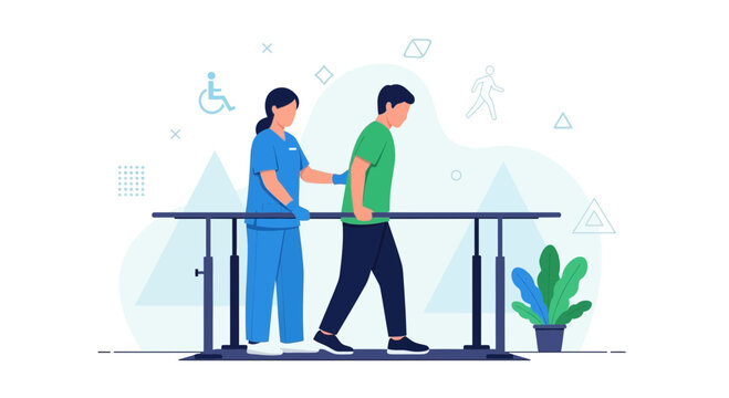 Physical therapy patient walking with assistance between parallel bars and therapist