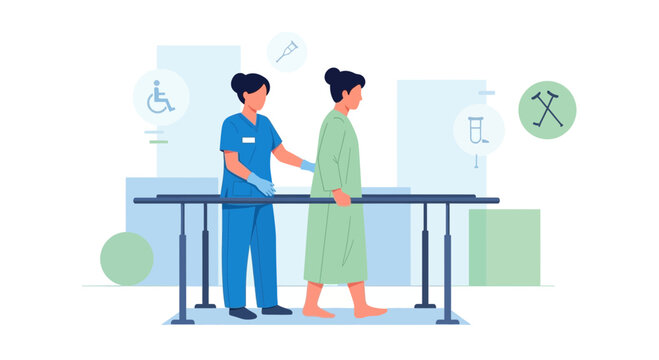 Physical therapy patient walking with nurse assistance on parallel bars for rehabilitation