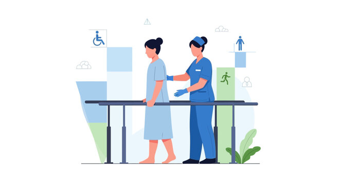 Physical therapy patient walking with nurse support on parallel bars for rehabilitation