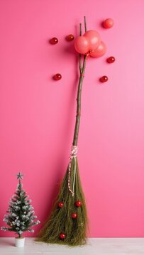 Red balloons, garland, and candles on a broom decorated tree branch.
