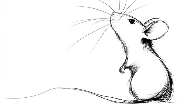 Delicate black and white sketch of a small mouse looking upwards with long whiskers and a curled tail