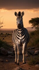 Fototapeta premium A majestic zebra standing in the wild savanna at sunset. The scene is serene and captures the beauty of nature.