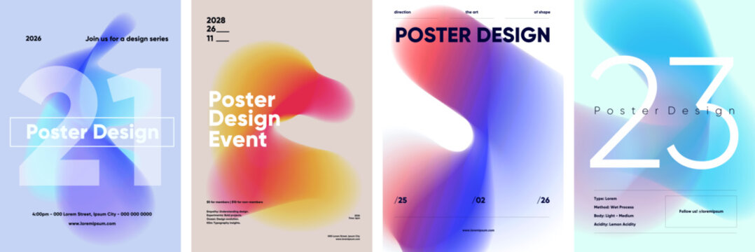 A collection of modern poster designs featuring abstract shapes and vibrant gradients. Each poster showcases unique typography and color schemes, perfect for creative events.