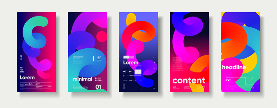 Colorful abstract poster designs featuring fluid shapes and gradients. Each poster showcases a unique combination of vibrant colors and modern typography, ideal for creative projects.